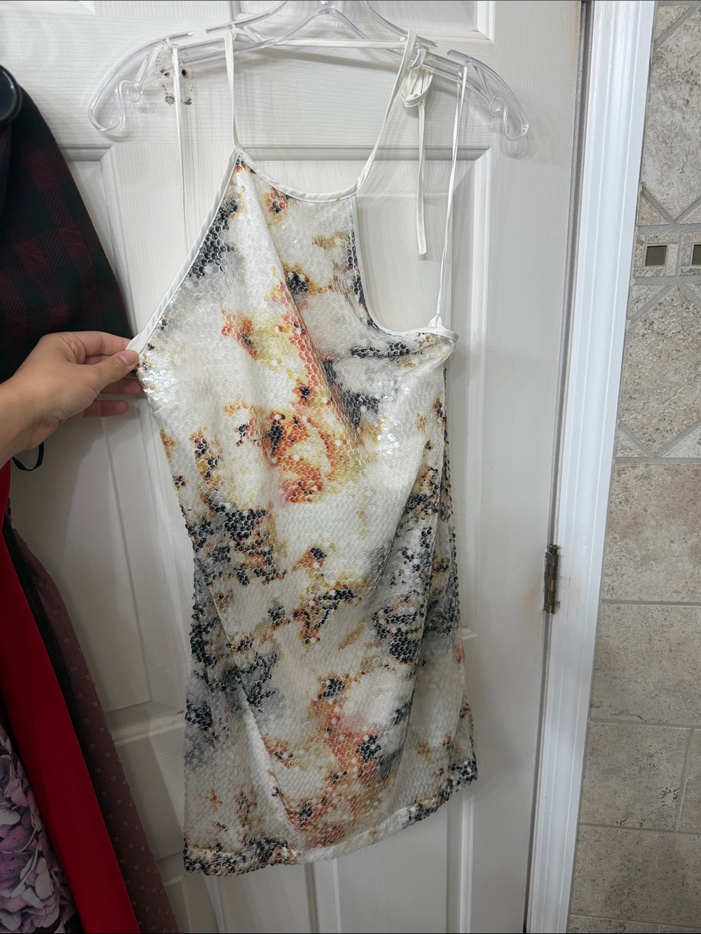 Guess White Sequin Halter Mini Dress with Yellow & Black Floral Accents